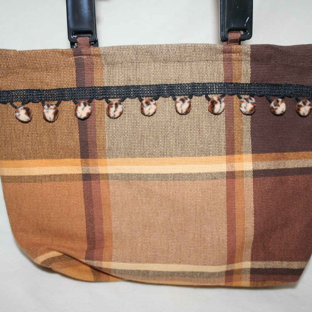 NWOT POM POM PURSE AUTUMN PLAID CANVAS TOASTED BROWN SMALL TOTE BAG CARRYALL - Picture 13 of 15